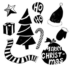 Happy New Year typographic emblems set. Vector logo, text design. Black and white. Usable for banners, greeting cards, gifts etc.