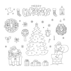 Fototapeta na wymiar Christmas set Santa Claus holiday symbols. Vector black sketch line fir tree character and gift socks, box with ribbons. Greeting lettering and other isolated decorations for design card and packaging