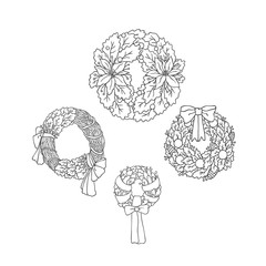 Vector set Christmas wreaths from leaves flowers berries and ribbons. Traditional black sketch line decorations for winter family holiday isolated on white background. Element for card design.