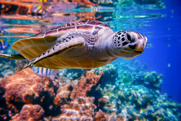 Zeeschildpad zwemt onder water op de achtergrond van koraalriffen