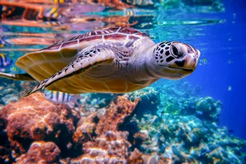 Rolgordijnen Schildpad Zeeschildpad zwemt onder water op de achtergrond van koraalriffen