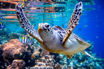 Abwaschbare Fototapete Schildkröte Meeresschildkröte schwimmt unter Wasser vor dem Hintergrund von Korallenriffen