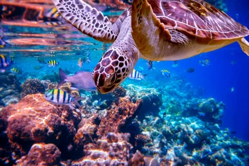 Foto auf Acrylglas Schildkröte Meeresschildkröte schwimmt unter Wasser vor dem Hintergrund von Korallenriffen