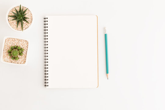 Top View White Notebook With Cactus On White Background, Flat Lay Photo And Copy Space For Design