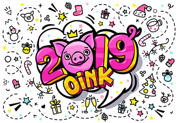 Pig is a symbol of 2019 new year. Head of the Pig in pop art style