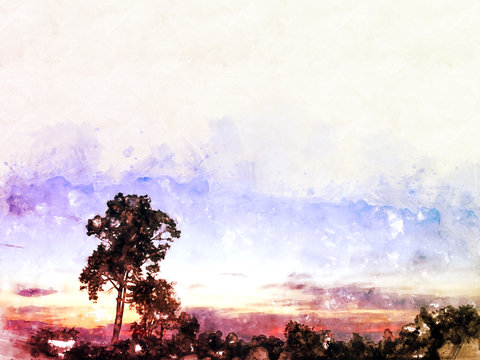 Abstract beautiful Sunrise and filed landscape in the evening on watercolor painting background.