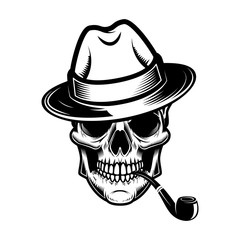 Skull with hat and smoking pipe. Design element for logo, label, emblem, sign.