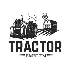 Farmers market. Emblem template with tractor. Design element for logo, label, emblem, sign.