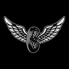 Fototapeta premium Wheel with wings illustration isolated on black background. Design element for poster, card, banner, sign, emblem, t shirt.