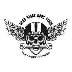 Skull in motorcycle helmet with wings. Design element for logo, label, emblem, sign, poster, t shirt.