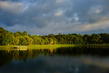 landscape with lake and blue sky