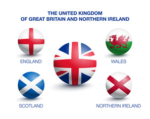 Country of Great Britain England, Scotland, Wales and Northern Ireland. Flags in the form of a ball. Vector illustration
