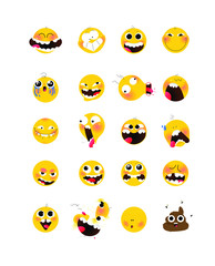 Set of yellow emotional heads, faces. Vector. Flat illustration of stylized human face. Round signs. Emoji, yellow sad, funny faces. Characters Internet memes.