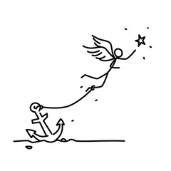 Illustration of a chained angel flying behind a star. Vector. A man with wings chained to an anchor. Illustration for animation, banner or site. Simple contour man. Heavy burden. Dreams.