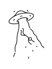 Illustration of alien abduction of man. Vector. Linear style. Illustration for website or presentation. Ship UFO abducts the inhabitants of the earth. They are among us.