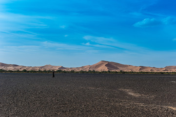 View of Merzouga dunes and black desert, southern Morocco