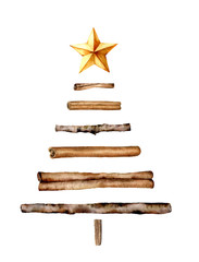 Watercolor wood Christmas tree. Hand painted wood branch, cinnamon sticks, golden star isolated on white background. Greeting card with decorative holiday elements isolated on white background.
