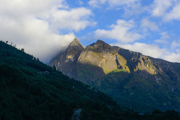 Naklejka premium fog covered the entire forest and mountains with blue sky