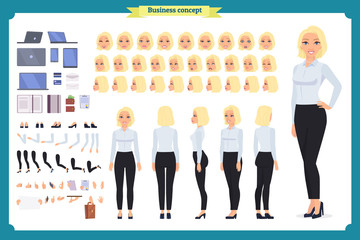 Set of Businesswoman character design.Front, side, back view animated character.Business girl character creation set with various views, poses and gestures. flat vector isolated