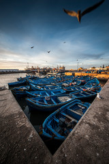 Blue boats in the port of Essaouira, Morocco