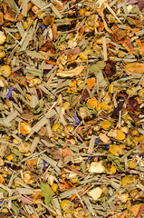 Beautiful color background with green tea and dried flowers.