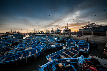 Blue boats in the port of Essaouira, Morocco