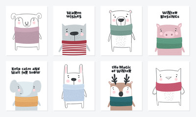 Vector postcard collection with cute winter animals in cozy clothes