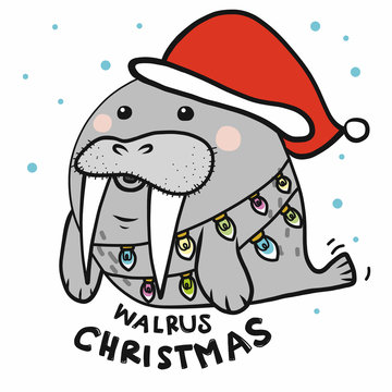 Walrus Christmas with colorful lightbulb cartoon vector illustration