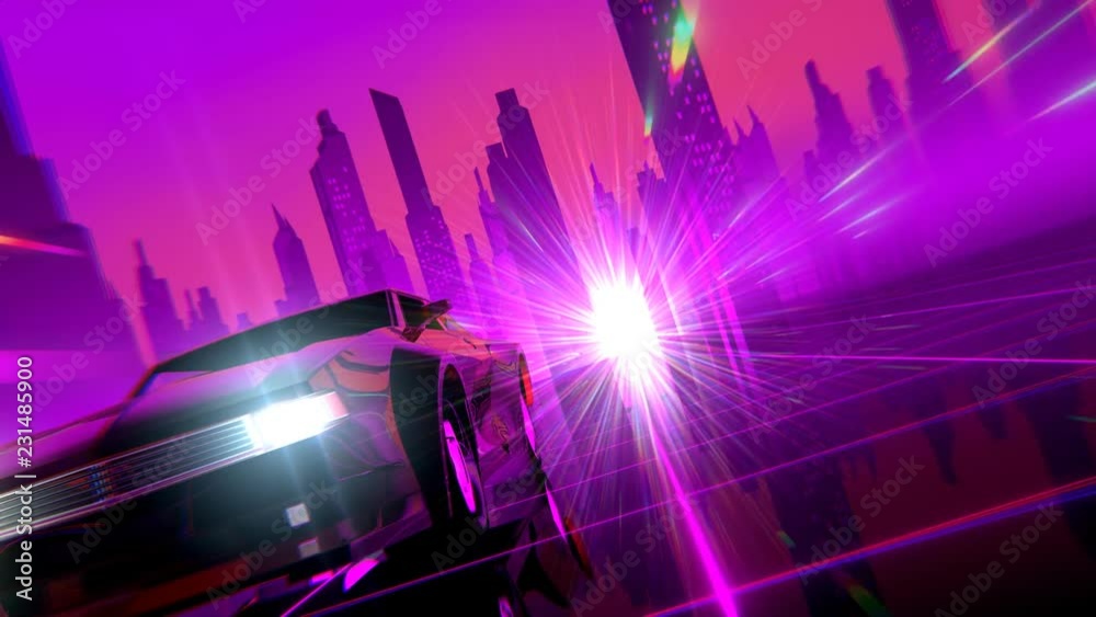 Wall mural retro-futuristic 80s style sci-fi car background. seamless loop 3d video animation