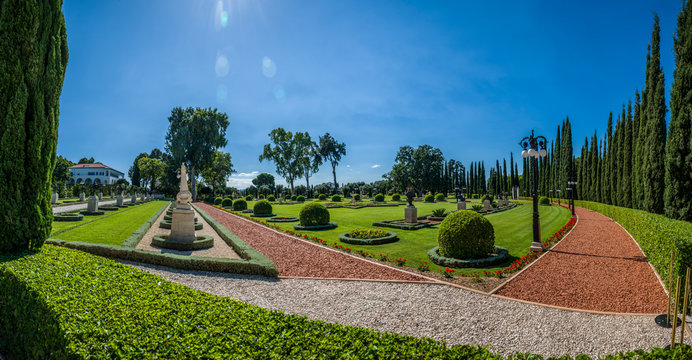 Acre, Israel - October 27, 2018 : Panoramic view of Bahai Gardens in Acre, Israel