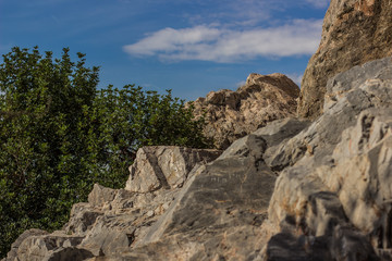 outdoor mountain forest local nature landscape of stone rocks on blue sky background in tropic Mediterranean district of Earth 