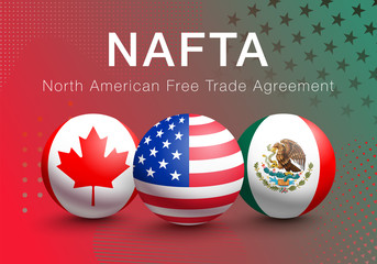 Vector Flags of NAFTA Countries in the form of a ball. Canada, United States of America and Mexico. Political and economic agreement - obrazy, fototapety, plakaty