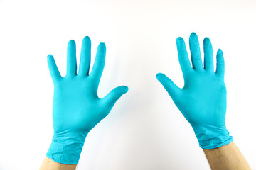 Male hand in medical glove on white background.