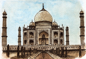 Watercolor drawing taj mahal india mausoleum