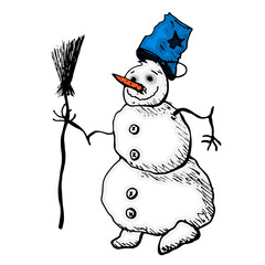 A merry snowman is sitting with a Christmas tree and a bag. Vector icon for a website or a postcard.