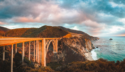 Bixby Bridge along Highway 1 at sunset, Big Sur, California, USA