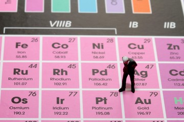 businessman in miniatura guarda la tavola periodica degli elementi chimici