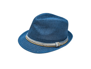 Blue vintage straw children hat fasion. Isolated on white.