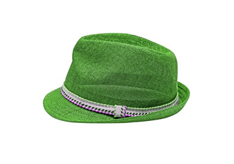 Green vintage straw children hat fasion. Isolated on white.