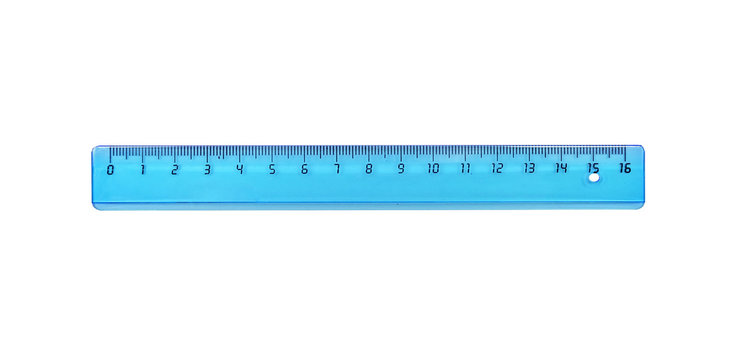 The blue ruler is plastic for measuring centimeters and millimeters. Isolated on white.