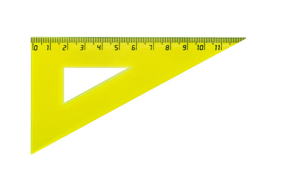 Plastic yellow triangle for measuring centimes, millimeters and angles. Isolated on white.