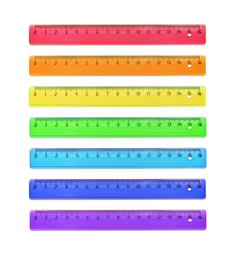 Set of rulers is plastic for measuring centimeters and millimeters. Colors of rainbow, Isolated on white.