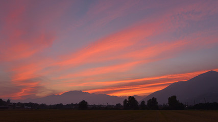 Fantastico tramonto con cielo rosato e rosso in campagna © fotonaturali