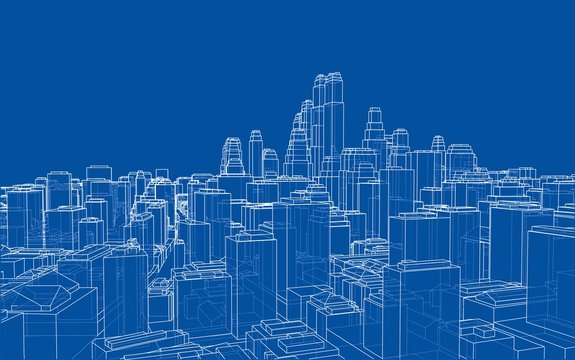 Wire-frame City, Blueprint Style. Vector