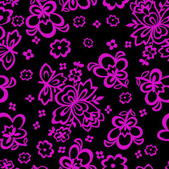 Seamless floral vector pattern on black background.