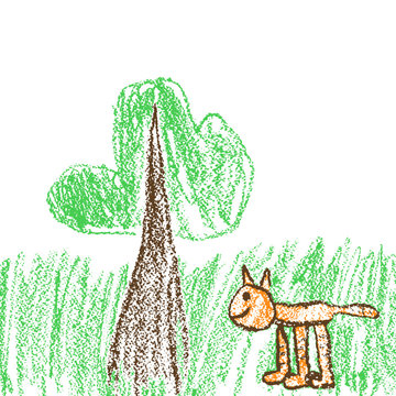 Crayon funny red cat and tree  in green grass. Like child`s hand drawn doodle style. Pastel chalk or pencil like kid`s hand painting kitty sketch. Vector summer meadow background.