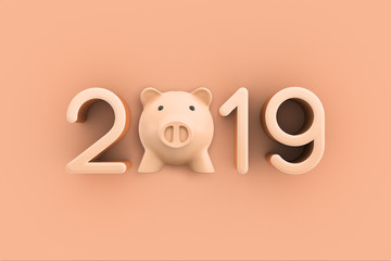 3d rendering a pastel peach-colored background with a large shape of the 2019 numbers with a piggy bank instead of zero.