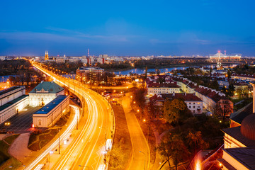 Elevated view of the  Solidarity Avenue in Warsaw in the Old Town of Warsaw, Poland.