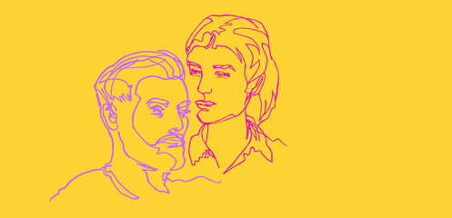 He and she, pair two faces, profiles, continuous line, social cover wide format, drawing of two heads, mans and woman, minimalist concept