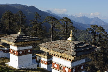 Dochula pass on the road from Thimpu to Punakha (Bhutan) where 108 memorial chortens or stupas known as 